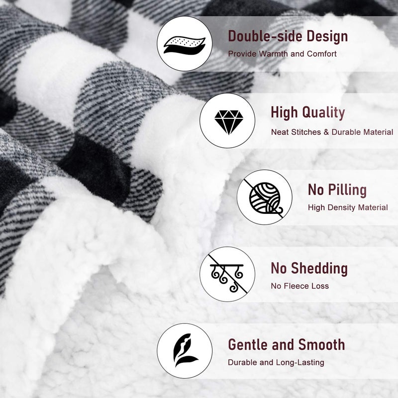 BEAUTEX Sherpa Fleece Flannel Throw Blanket, Super Soft Warm Buffalo Plaid Plush Blankets and Throws, Lightweight Cozy Fuzzy Blanket for Couch Sofa Bed (Black, Throw 50" x 60") - Image 3